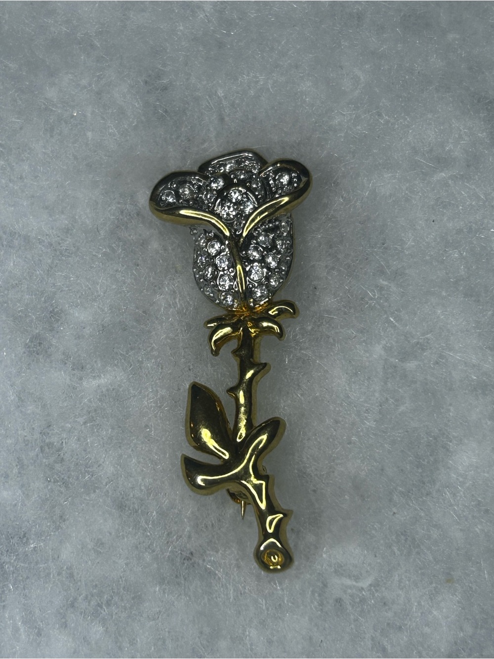 Gold & Silver Rose Brooch with Crystal Accents